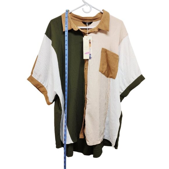 Colorblock Button-Up Short-Sleeve Shirt Women Size 2XL Dokotoo Green Beige White - Picture 8 of 8